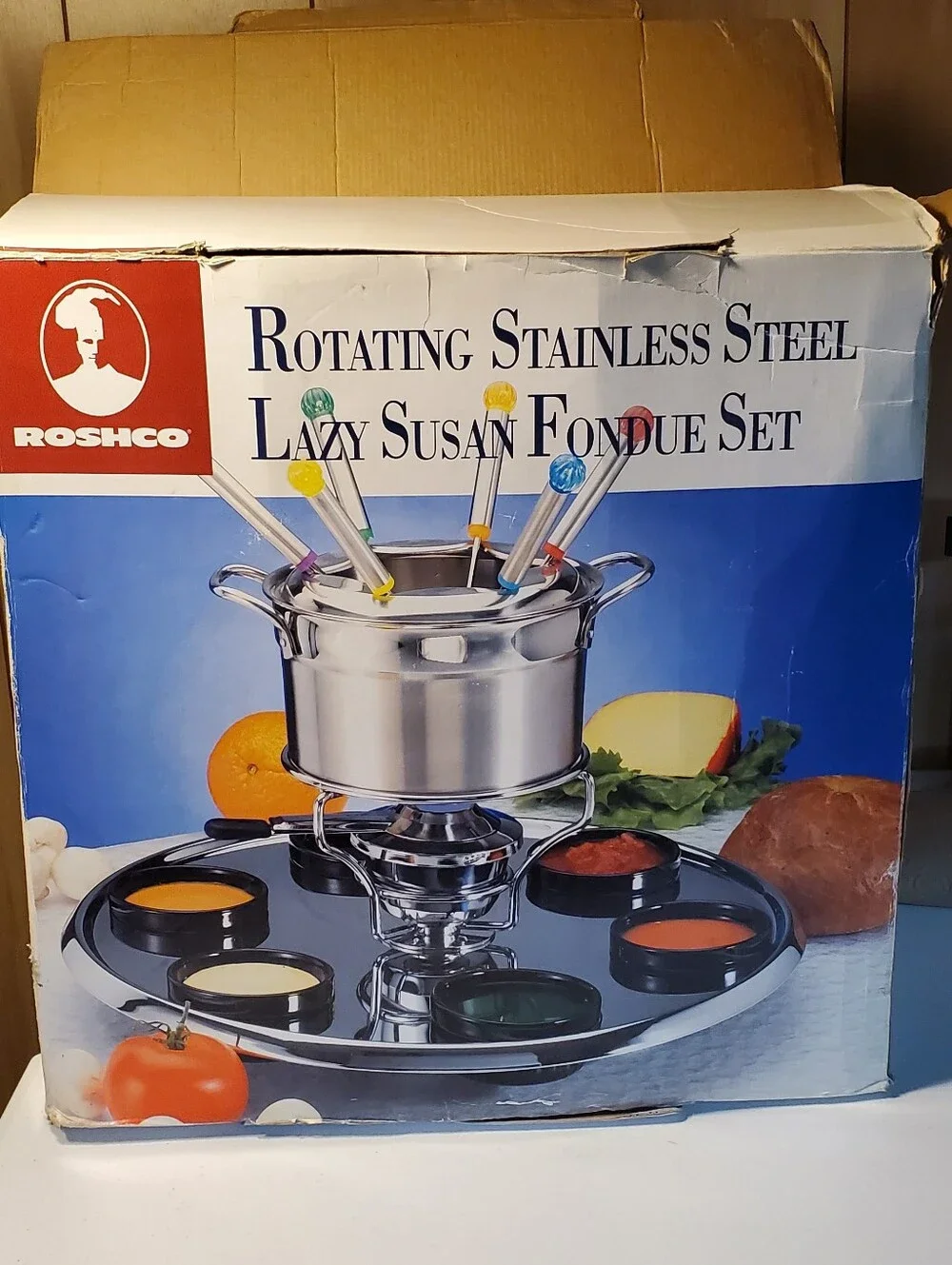 New Vintage Dead Stock Roshco Rotating Stainless Steel Lazy Susan Fondue Set